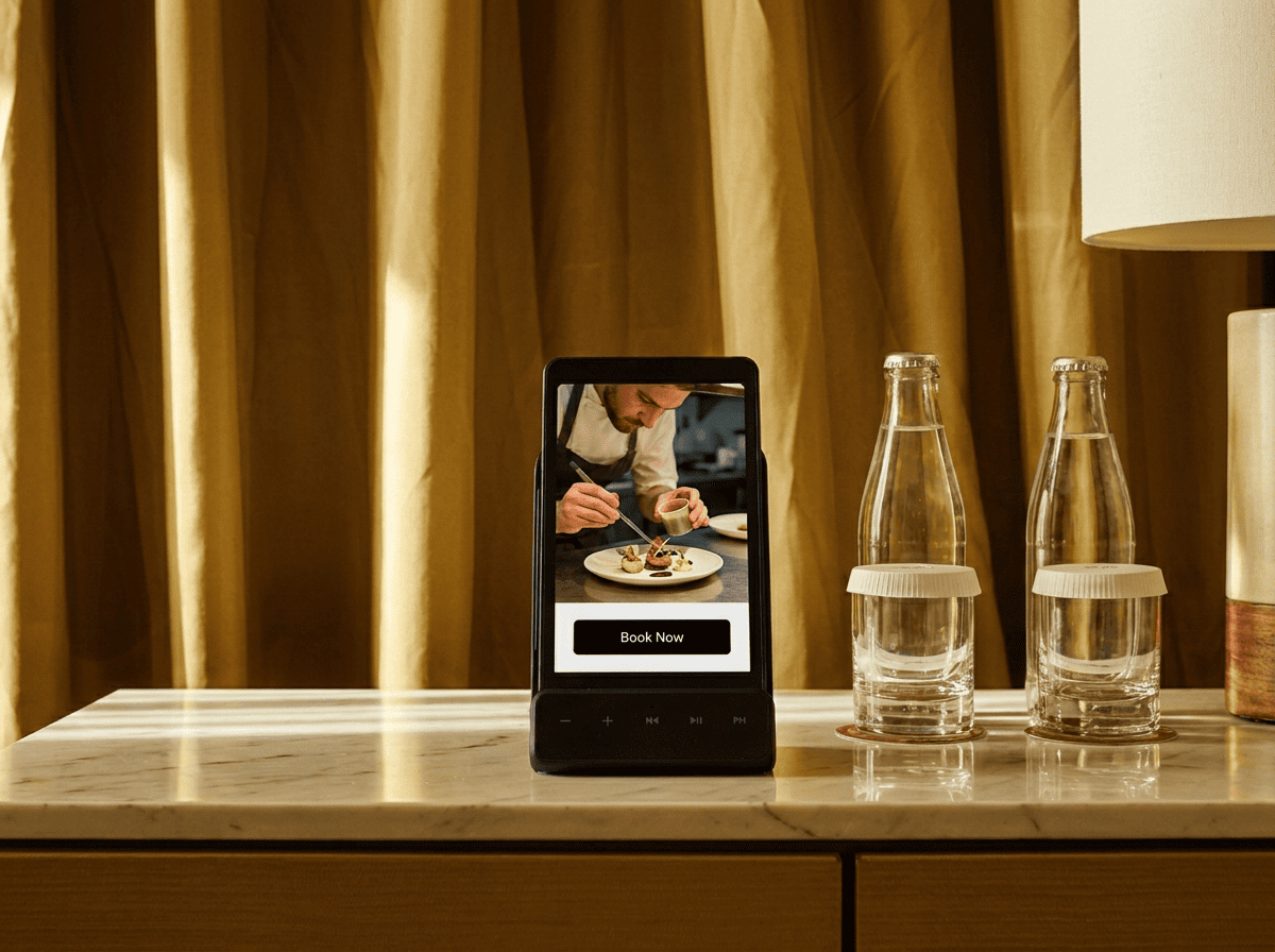 In-room tablet promoting the evening tasting menu with a book now action