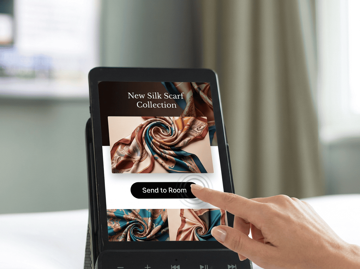 In-room tablet showing a silk scarf promotion and send-to-room action