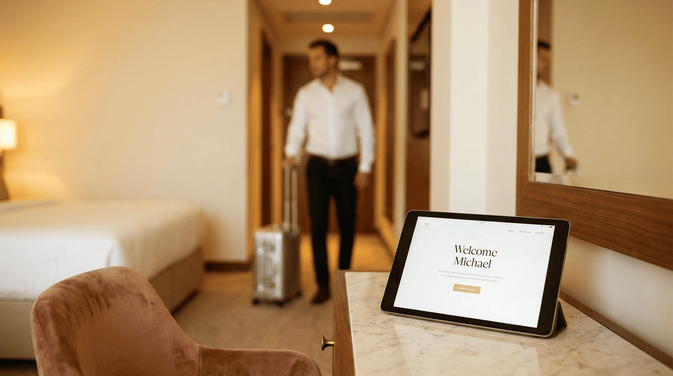 Guest entering a hotel room with an in-room tablet welcome screen